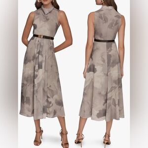 NEW Donna Karan New York Cowl Neck Belted Fit & Flare midi Driftwood Dress sz 2